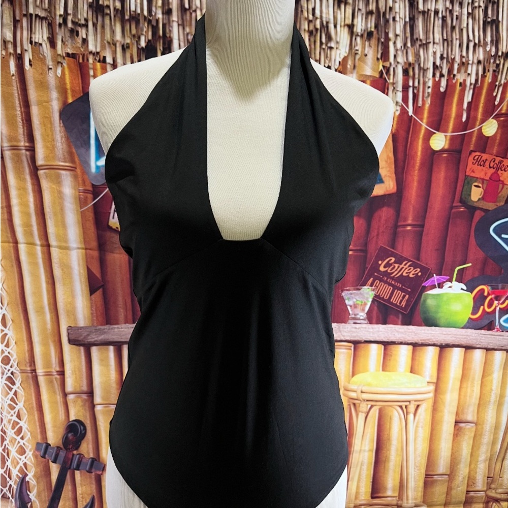 REORIA Black Halter One-Piece Swimsuit | Large | Deep V | New Without Tags